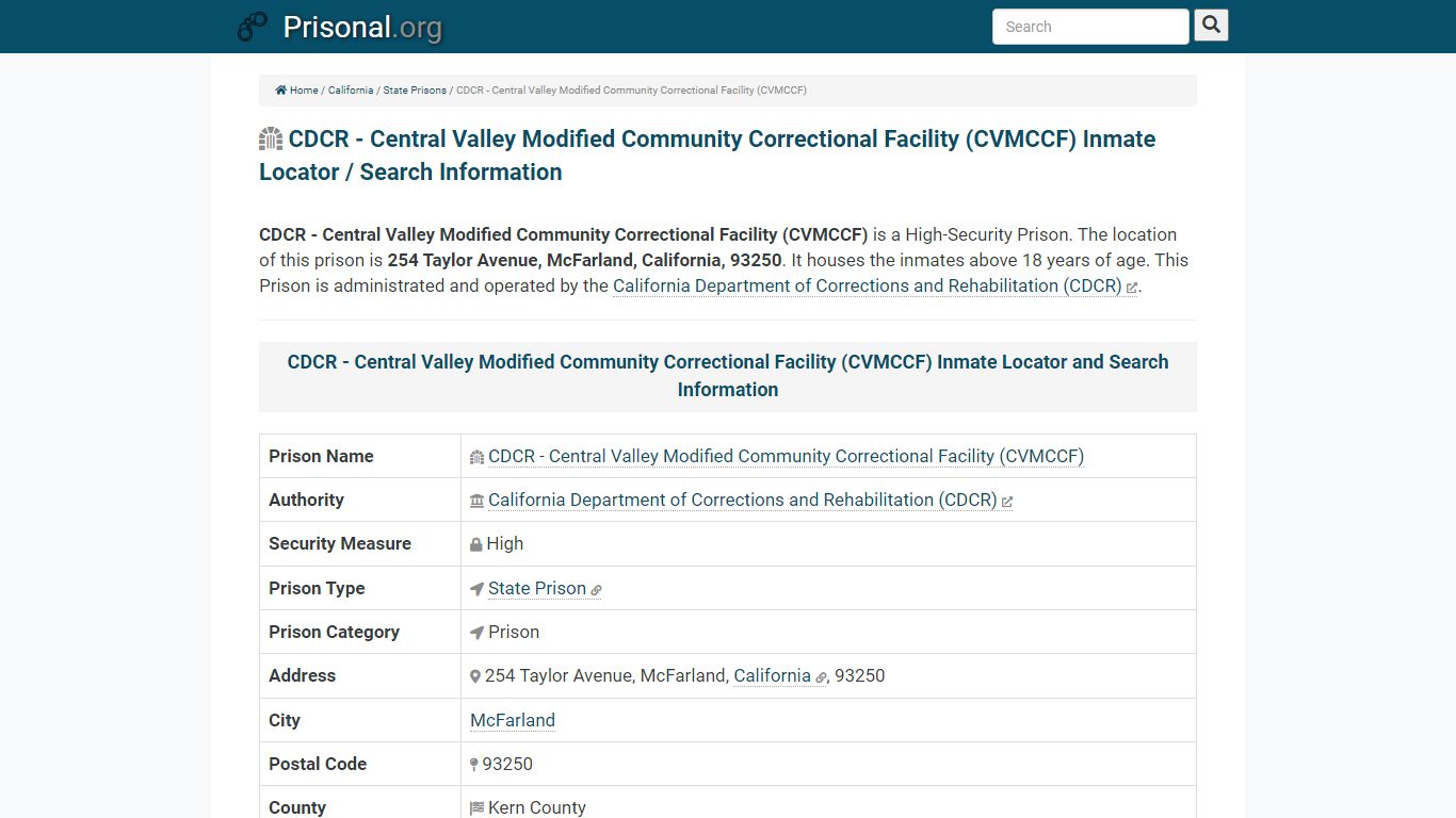 CDCR - Central Valley Modified Community Correctional Facility (CVMCCF ...